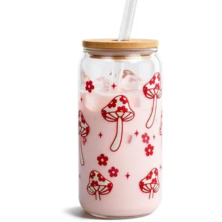 Mason Life Glasbecher mit Deckel und Strohhalmen, Rosa Pilz-Eiskaffeetasse, 530ml Niedlicher Glasbecher Geschenk für Frauen Mädchen Freundinnen
