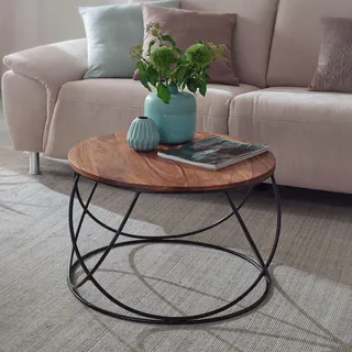 FineBuy Couchtisch Sheesham Massivholz / Metall 60 x 40 x 60 cm Wohnzimmertisch Rund Massiv Braun Sofatisch Modern Holztisch Tisch Wohnzimmer - Braun