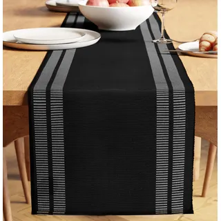 Encasa XO Tischläufer | Garngefärbte Feinripp-Baumwolle | Größe 32x240 cm | Leiter schwarz | Maschinenwaschbar