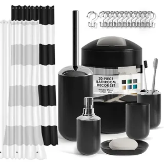 Badezimmerzubehör-Set, 9-teiliges Kunststoff-Geschenkset, Duschvorhang-Set mit Liner und 12 Haken, Seifenspender & Schale, Zahnbürstenhalter mit Tasse, WC-Bürste und Halter, Mülleimer (schwarz)