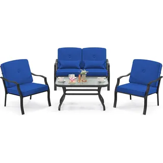 COSTWAY 4-TLG. Gartenmöbel Set, Sitzgruppe Sitzgarnitur mit Sitz-, Rücken- & Taillenkissen für 4 Personen, inkl. 2 Stühlen, Bank & Tisch - Schwarz, Blau