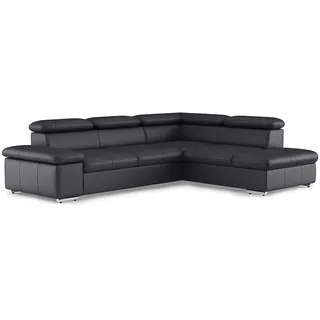 CAVADORE Leder-Schlafsofa Valerie mit Ottomane / Eckcouch mit Schlaffunktion + Kopfteilverstellung / 272 x 73 x 226 / Echtleder Schwarz