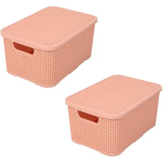 BranQ - Home essential Korb mit Deckel in Rattan Design 2er Set Grösse M 10 l, BPA-frei Kunststoff PP, Lachsrosa, 32,3x22,5x15 cm, 2 Stk.