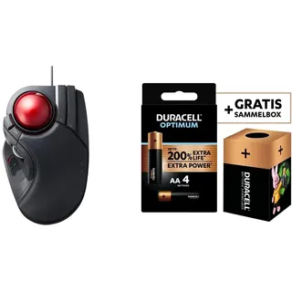 ELECOM Kabelgebundene Fingerbedienung, große Trackball-Maus + Duracell NEU Optimum AA Mignon Alkaline-Batterien