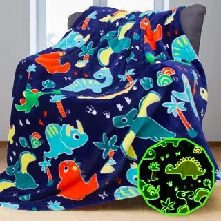 YISUMEI Decke Dinosaurier Kuscheldecke Leuchtet im Dunkeln, flauschig weiche Fleecedecke für Wohnzimmer, Couch oder Bett, 130x155cm, Blau, Dino Geschenke fürs Junge und Mädchen Kinder.