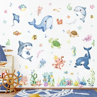 Tanlaby 9 Blatt Wandtattoo Unter dem Meer Wandsticker Unterwasserwelt mit Wal Haien Delfinen Schildkröten Ozean DIY Wandaufkleber für Kinderzimmer Badezimmer Babyzimmer Schlafzimmer