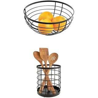 iDesign Austin Obstschale im offenen Design, runder Obstkorb aus Metall, Mattschwarz + Küchenutensilienhalter für die Arbeitsfläche, runder Besteckhalter aus Metall, Küchen Aufbewahrung, Mattschwarz