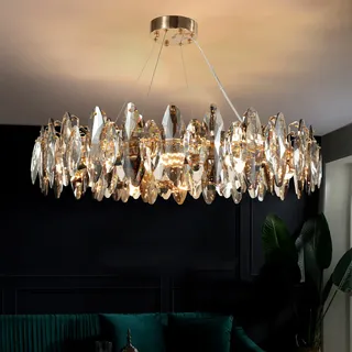 AHXIAOZN Modern LED Kristall Kronleuchter Luxus,Funkelnder Eiförmiger Kristall Deckenleuchte Gold,8xE14 Wohnzimmer Pendelleuchte,8-Flammig