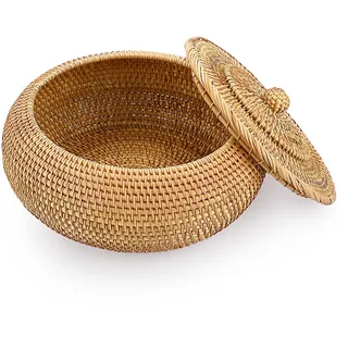 IGNPION Rattan-Aufbewahrungskorb mit Deckel, dekorative Aufbewahrungskörbe für Regal und Schreibtisch, gewebte Küche, Obst, Brot, Eierhalter, Schüssel (groß)