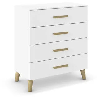 Rauch Möbel Aditio, Kommode für Schlafzimmer, Wohnzimmer, Kinderzimmer, Flur, 4 Schubladen, Massivholz Griffe und Füße, Soft-Close-Funktion, Sideboard im Skandi-Design, Farbe Weiß, Breite 80 cm