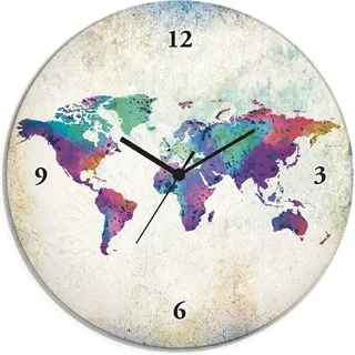 ARTland Glas Wanduhr Quarzuhr - schwarzer Zeiger bunte Weltkarte Größe: 30x30 cm - Bunt