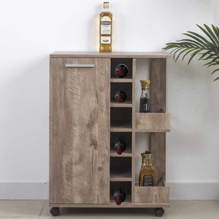 BAKAJI Eckschrank, Bar, Weinregal, Weinregal, Spirituosen, Holz, 6 Sitzer, Flaschenhalter mit Tür und Griff aus Metall, 2 Seitenregale (Taupe)