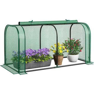 COSTWAY 2in1 Mini Gewächshaus, Foliengewächshaus PE-Abdeckung für Hochbeet, Treibhaus wetterfest mit aufrollbarer Reißverschlusstür 118x55x60cm Grün - Grün