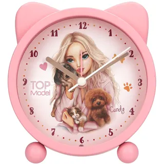 Depesche 13868 TOPModel Fur Ever Friends - Wecker in Rosa für Kinder, mit Model-Motiv, Hund und Katze, lautlose Uhr mit Licht-Funktion, inkl. Batterie