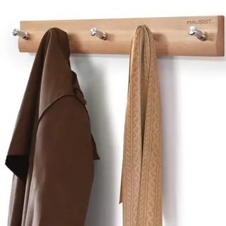 HAUSIST Garderobenhaken Holz mit 5 Edelstahl Haken (43 cm) - Wandgarderobe Kleiderhaken, Massivholz Garderobenleiste-Hakenleiste für Flure, Kinderzimmer, Schlafzimmer und Bad (Buchenholz)
