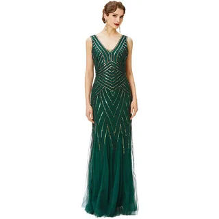 BABEYOND Damen-Flapper-Kleid, 1920er-Jahre, V-Ausschnitt, Abendkleid, Pailletten, Perlen, Maxikleid für Hochzeit, Grün, Gold