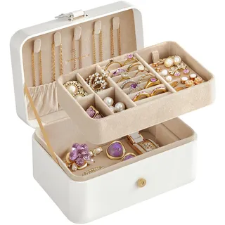 SONGMICS GISELLA Kollektion - Schmuckkästchen Reise mit 2 Ebenen, Schmuckkasten klein, Schmuckaufbewahrung, tragbar, für größere Accessoires, Geschenkidee, 11,6 x 16 x 7,5 cm, wolkenweiß JBC166W01