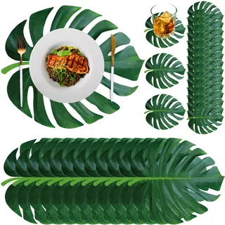Geosar 200 Einweg-Tischsets und Untersetzer aus Papier, Sommer, hawaiianische Luau-Platzset mit Untersetzern, für drinnen und draußen, Grüner Dschungel, Esstisch, Deko, Dusche, Geburtstag, (Palm Leaf)