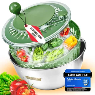 KITAPO Salatschleuder Edelstahl mit Kurbelantrieb [2 in 1 Servierschüssel] 4,5l [Wasserauslass, Spülmaschinengeeignet, rutschfest] Salad Spinner Obstsschleuder hochwertige Salatschleuder groß
