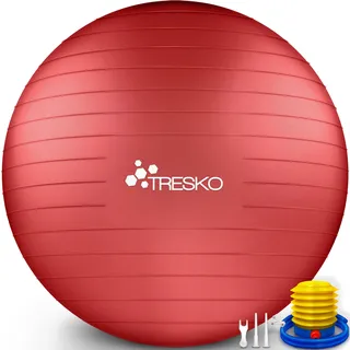 TRESKO Gymnastikball mit GRATIS Übungsposter inkl. Luftpumpe - Yogaball BPA-Frei | Sitzball Büro | Anti-Burst | 300 kg,Rot,85cm (für Körpergröße über 185cm)