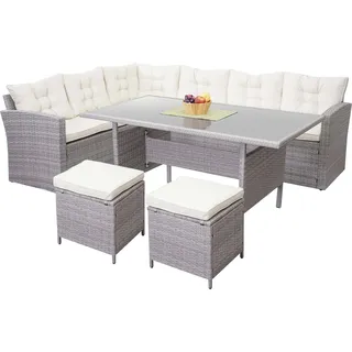 Poly-Rattan-Garnitur HWC-A29, Gartengarnitur Sitzgruppe Lounge-Esstisch-Set Sofa hellgrau, Kissen creme + 2x Hocker - Grau