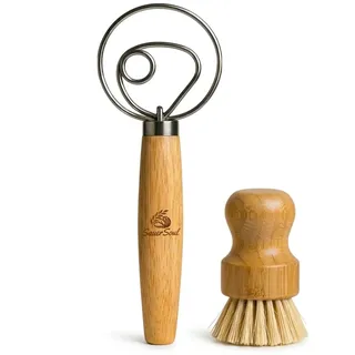 SauerSoul Dänischer Teigbesen Set mit Sisal-Reinigungsbürste – Edelstahl Schneebesen für Brot, Sauerteig & Pizza – Profi Teigmischer mit ergonomischem Holzgriff – Backzubehör Set für Bäcker
