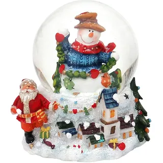 Dekohelden24 ***Schneekugel Schneemann mit Girlande auf Sockel mit Winterlandschaft, Maße H/B/Ø Kugel: ca. 9 x 8 cm/Ø 6,5 cm.