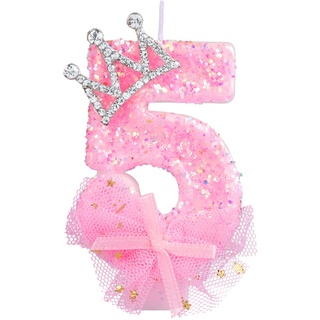 Geburtstag Nummer Kerzen, 7,5cm Kronenschleifen-Netzkerze Glitzernde Rosa Zahlenkerzen Tortenaufsatz Geburtstagskerzen Nummer mit Pailletten für Jubiläumsfeiern (Zahl 5)