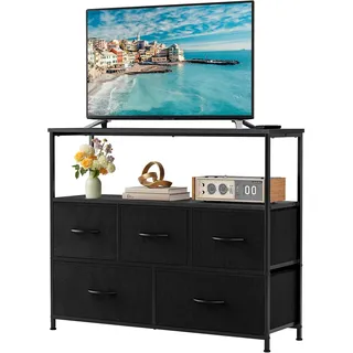 Sweetcrispy Kommode,TV Schrank Stand für Schlafzimmer mit 5 Stoffschubladen,Sideboard Wohnzimmer für 115cm TV,Einstellbare Füße Schubladenschrank, Schwarz