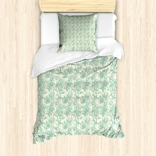 ABAKUHAUS Grün Mantele, Botanische Blumenweinlese, Milbensicher Allergiker geeignet mit Kissenbezügen, 135 cm x 200 cm - 80 x 80 cm, Creme Blassblau - Grün