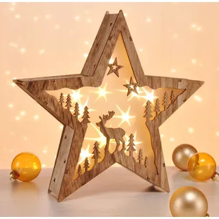 Spetebo LED Dekoleuchte Stern aus Holz 30 cm - Rentier - Deko Aufsteller warm weiß beleuchtet - Weihnachten Advent Winter Stern Tisch Deko Beleuchtung Batterie betrieben