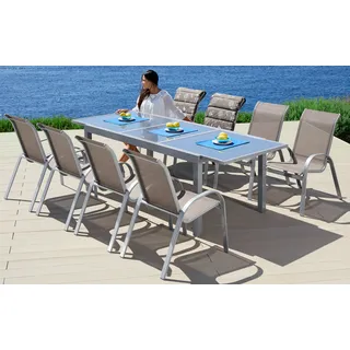 MERXX Garten-Essgruppe »Amalfi«, (9 tlg., 8x Stapelsessel, 1x Tisch 100x180-240 cm, Alu/Textil), pulverbeschichtetes Aluminium, aus 100% Polyester, für 8 Personen, grau