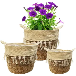 KMERCE 3Pcs Pflanzkorb, Blumentopf seegras, übertopf Boho, pflanzenkorb Geflochten, Dekorativ übertöpfe Korb für zimmerpflanzen,mit wasserdichtem Kunststofffutter und Griffen