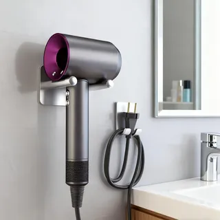Trlyane Haartrocknerhalter Aluminium Fönhalter ohne Bohren Halterung für Haartrockner Fönhalter zum Kleben Fönhalter Wandhalterung Halter Rack für Haartrockner (Silber)