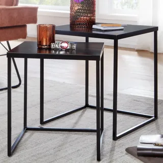 FineBuy Wohnzimmertisch 2er Set Metall Beistelltisch Eckig Schwarz Beistelltisch Industrial Sofatisch Couchtisch Quadratisch Tischset 2-teilig - Schwarz