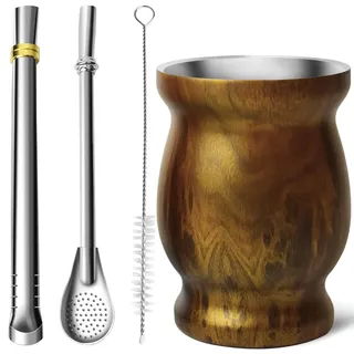 Artcome 4-teiliges Yerba Mate Tassen-Set aus Edelstahl – 1 doppelwandiger Edelstahlbecher (Holz), 2 Bombillas (Yerba Mate Strohhalm), 1 Bürste, leicht zu reinigen, solide und langlebig