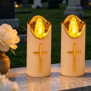 RNPKZ 2er Set LED Grablicht, LED Grabkerze, LEDs Grabkerze Trauerlicht mit Batteriebetriebene, Wetterfest und Wiederverwendbar, D7 xH15cm, Lange Akkulaufzeit, für Grab, Kirche, Tiergedenken, Beige