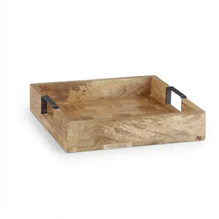 Relaxdays Tablett Natur Schwarz Mangoholz mit Griffen 35x35 cm , Hellbraun , Holz, Metall , 35x7.5x35 cm , Geschirr, Tischkultur & Serviergeschirr, Tabletts