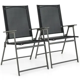 COSTWAY 2er Set Gartenstühle, Hochlehner Klappstühle mit Armlehnen, Balkonstühle, Terrassenstühle bis 150 kg belastbar 58x57,5x95,5cm Schwarz - Schwarz