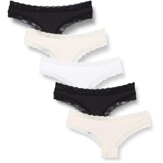 Iris & Lilly Damen Tanga-Unterwäsche Baumwolle und Spitze, 5er-Pack, Schwarz/Blassrosa/Weiß, 36