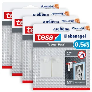 Tesa Klebenagel für Tapeten und Putz 0,5kg im 4er Pack - Selbstklebende Nägel für empfindliche Oberflächen - rückstandslos - Bis zu 0,5 kg Halteleistung pro Nagel - 4x 2 Klebenägel