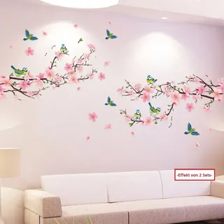 WandSticker4U®- Riesiges Wandtattoo KIRSCHBLÜTE rosa XXL (250x150 cm) I Wandsticker Blumen groß Vögel auf Baum Ast Blumen Aufkleber Frühling I Wanddeko Wohnzimmer Schlafzimmer Küche Bad Flur