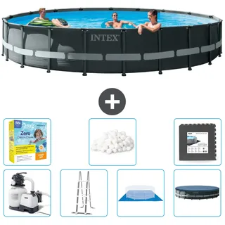 Intex Round Ultra XTR Frame Swimming Pool – 610 x 122 cm – inklusive Pumpe – Leiter – Bodenplane – Abdeckung Wartungspaket - Filterbälle - Bodenfliesen