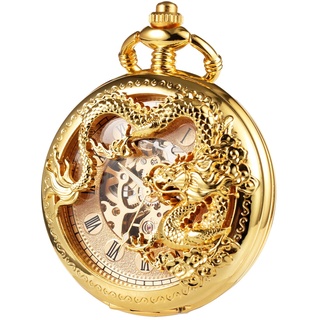 TREEWETO Taschenuhr mit Kette Herren Analog Mechanisch Handaufzug Doppelscharnier Antik Drache Römische Ziffern, Gold