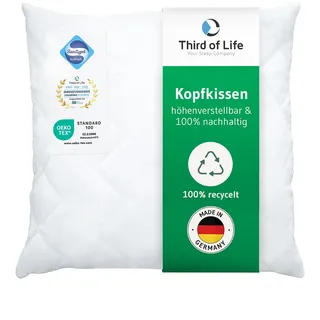 Third of Life Allergiker Kopfkissen Verda, 100% nachhaltig, Pillows for Sleeping - Made in Germany, Höhenverstellbare Kissenfüllung, Deko-Kissen aus recyceltem Material, Kleines Sofakissen 45x45