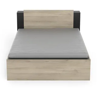 Demeyere Lit 140 x 190/200 Avec Rangement Industriel 2 Tiroirs 2 Niches – Coloris Noir Mat und Chêne Clair - 144,7 x 227 x 87,7 cm