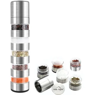 5-in-1 Gewürzstreuer-Set, Mini Tragbar,Vielseitig Einsetzbar | Edelstahl-Gewürzgläser mit Mühle, Deckel & Streuer, für Reisen,Camping,Picknick,Küche, Steak,BBQ,Auslaufsicher,Platzsparend