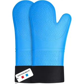 Sopito Ofenhandschuhe, hitzebeständige Silikon-Ofenhandschuhe, extra Lange Anti-Rutsch zum Grillen, Kochen, Backen, Küche, Mikrowelle, Pizza (Blau, 1 Paar)