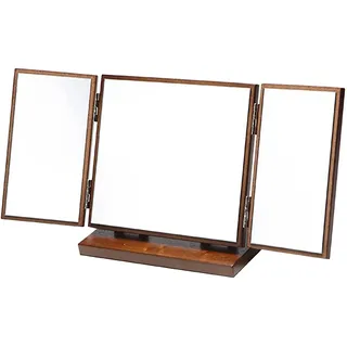Dreiseitiger Kosmetikspiegel Holz Klappbar mit Holzschnitzmuster Braun | Stabil auf Schreibtisch, Klare Glatte Glasfläche, Faltbares Design, Dekorativer Vintage Look