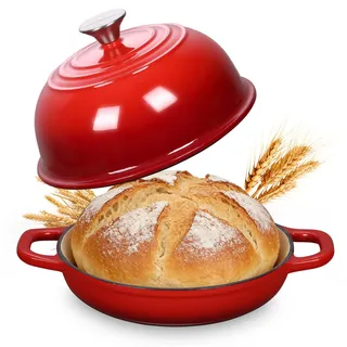 NSIRONS Gusseisen Brotbackform mit Deckel, 4,7L Gusseisen Topf Brot Backen, 23 cm Emaille Bräter mit Deckel, Idealer Brottopf, Brotbacktopf, Backofengeeignet (Rot)